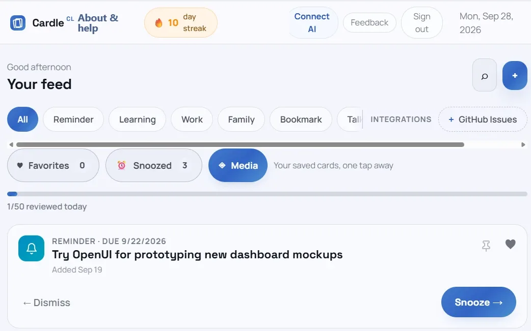 The Cardle feed: filters for reminders, learnings, work, family and bookmarks, above a reminder card with Snooze and Dismiss.